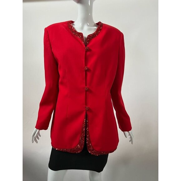 St Anthony Evening Womens Blazer Jacket Red Buttons Lined Sequin Collarless 12 - Picture 1 of 12
